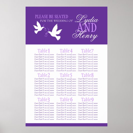 white doves purple wedding seating table plan 1-9 ポスター (正面)