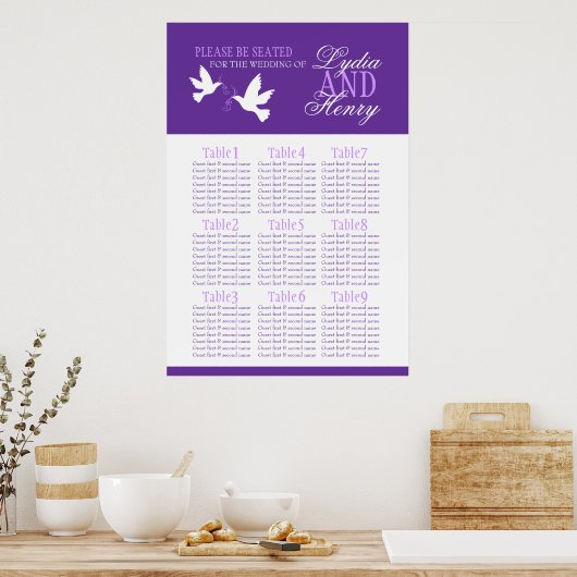 white doves purple wedding seating table plan 1-9 ポスター (キッチン)