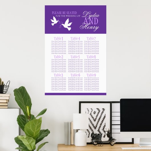 white doves purple wedding seating table plan 1-9 ポスター (ホームオフィス)