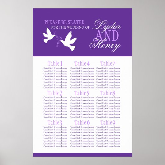 white doves purple wedding seating table plan 1-9 ポスター (正面)