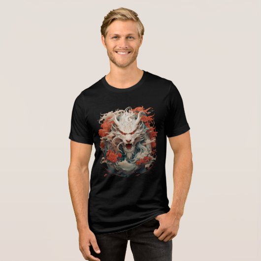 White Dragon Spirit with Crimson Peonies トライブレンドＴシャツ (正面全面)