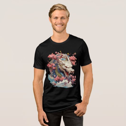 White Dragon with Blossoms Fantasy Art トライブレンドＴシャツ (正面全面)
