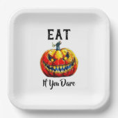 White Eat if you dare Halloween Ghastly Pumpkin ペーパープレート (正面)