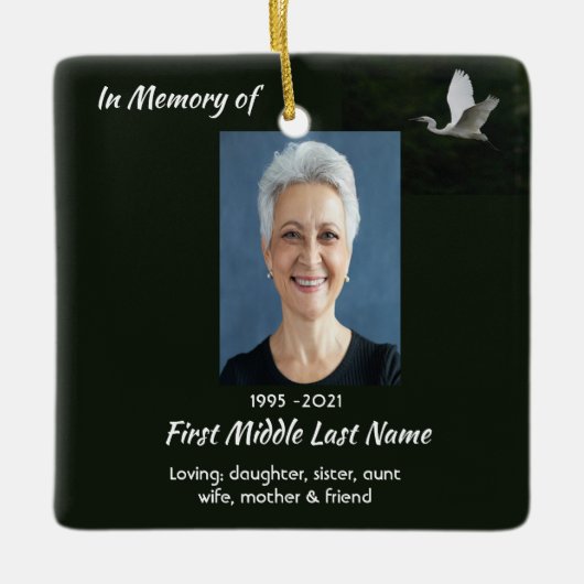 White Egret Bird Memorial Keepsake  セラミックオーナメント (正面)