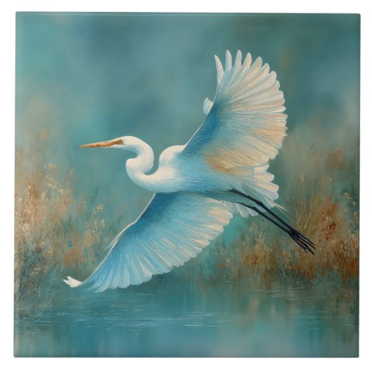 White Egret in Flight Watercolor タイル (正面)