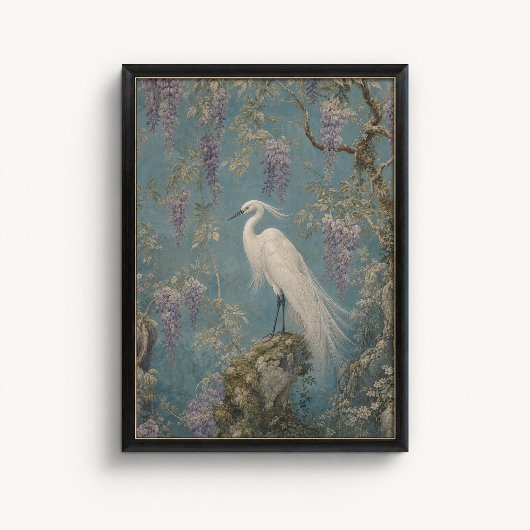 White Egret Wisteria Chinoiserie Poster ポスター