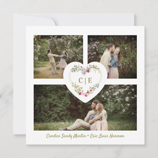 White Elegant Floral Pink Heart 3 Photos  Wedding 招待状 (正面)