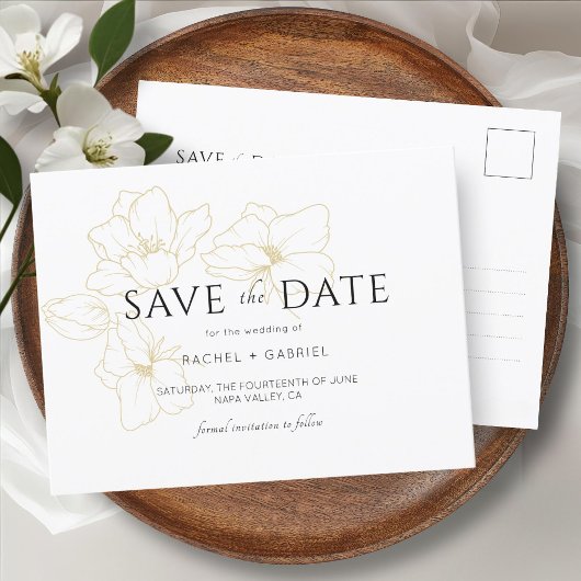 White | Elegant Gold Floral Wedding Save the Date ポストカード