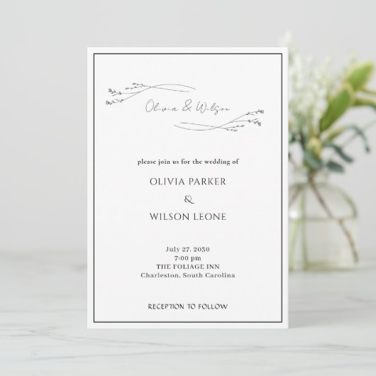 White Elegant Minimalist Botanical Wedding 招待状 (スタンド正面)