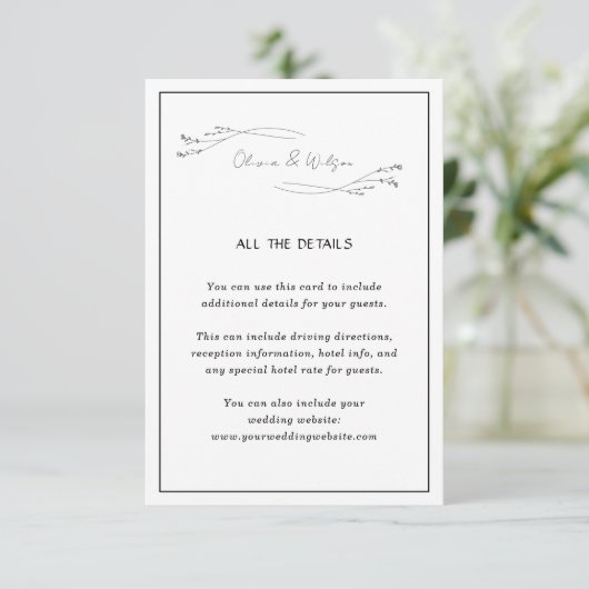 White Elegant Minimalist Botanical Wedding Details エンクロージャーカード (スタンド正面)
