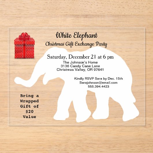 White Elephant Christmas Diamond Pattern Back アクリル招待状 (正面)