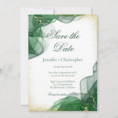 White Emerald Green Gold Marble Save The Date Card 招待状 (正面)