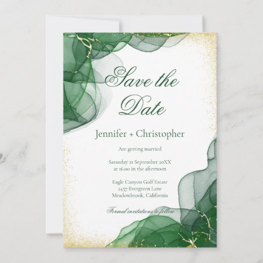 White Emerald Green Gold Marble Save The Date Card 招待状 (正面)