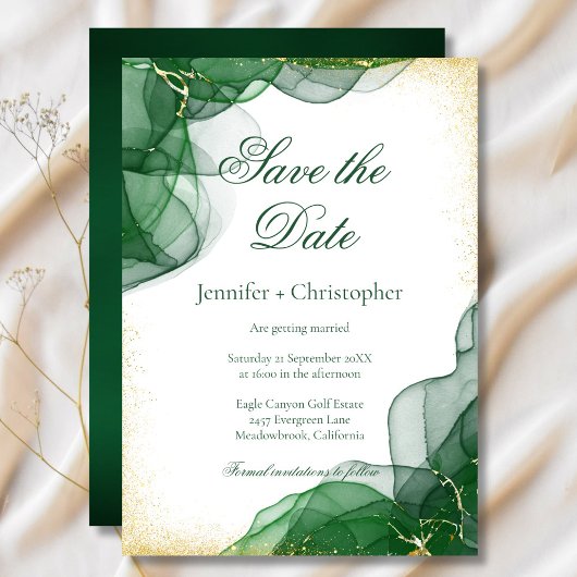 White Emerald Green Gold Marble Save The Date Card 招待状