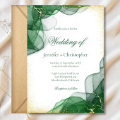 White Emerald Green Gold Marble Wedding 招待状
