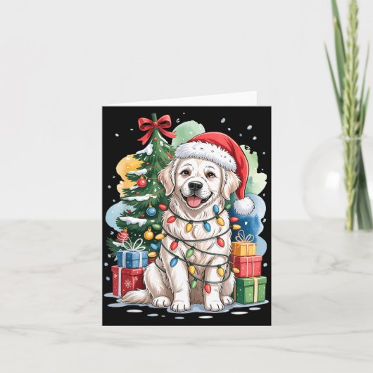 White English Golden Retriever Santa Hat Christmas カード (正面)