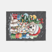 White English Golden Retriever Santa Hat Christmas フリースブランケット (正面(横))