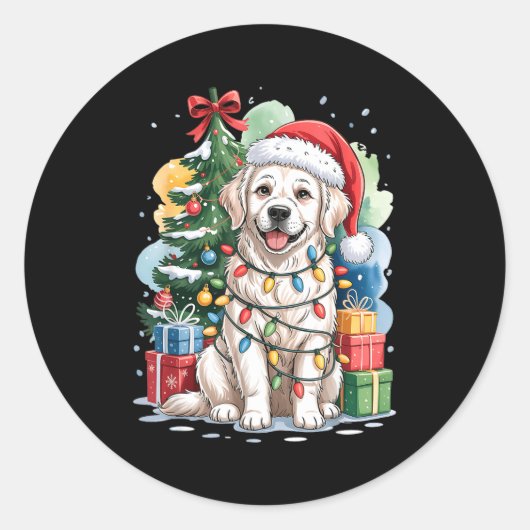 White English Golden Retriever Santa Hat Christmas ラウンドシール (正面)