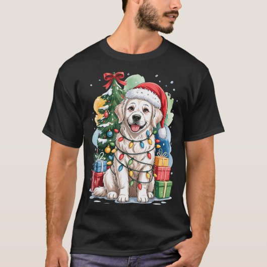White English Golden Retriever Santa Hat Christmas Tシャツ (正面)