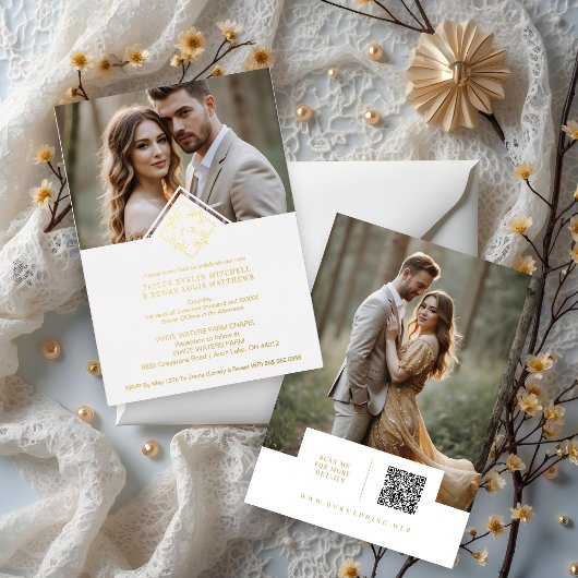 White Exquisite Simple Wedding Botanical Monogram 箔招待状