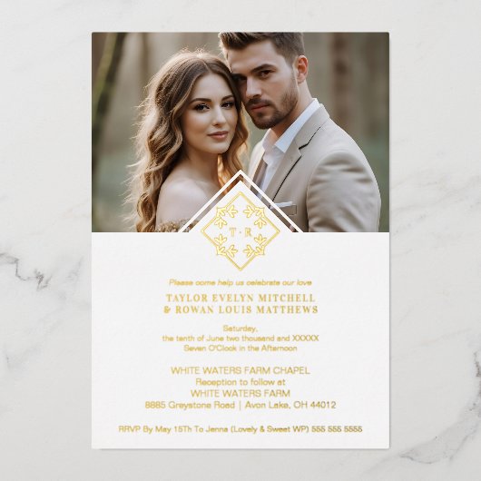 White Exquisite Simple Wedding Botanical Monogram 箔招待状 (正面)