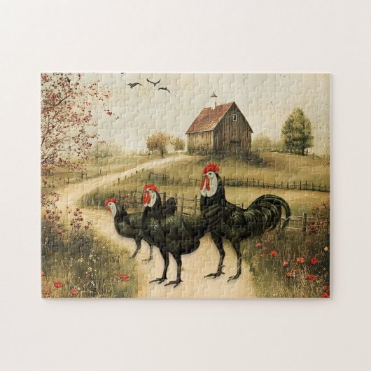 White Faced Black Spanish Bantam Roosters Chickens ジグソーパズル (横)