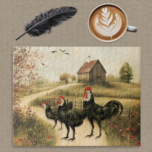 White Faced Black Spanish Bantam Roosters Chickens ジグソーパズル