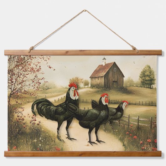 White Faced Black Spanish Bantam Roosters Chickens 吊り下げ型タペストリー (正面)