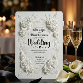 White Faux Bas Relief Floral Wedding Invitation 招待状