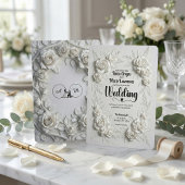 White Faux Bas Relief Floral Wedding Invitation 招待状