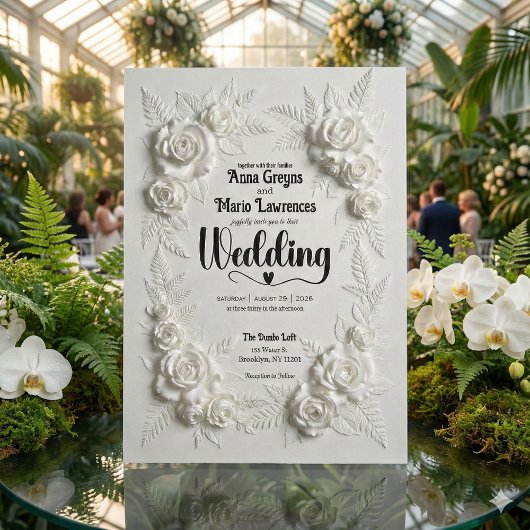 White Faux Bas Relief Floral Wedding Invitation 招待状