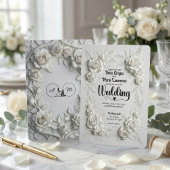 White Faux Bas Relief Floral Wedding Invitation 招待状