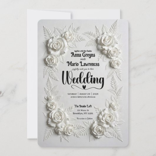 White Faux Bas Relief Floral Wedding Invitation 招待状 (正面)
