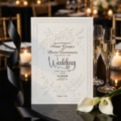 White Faux Embossed Floral Relief Formal Wedding  招待状