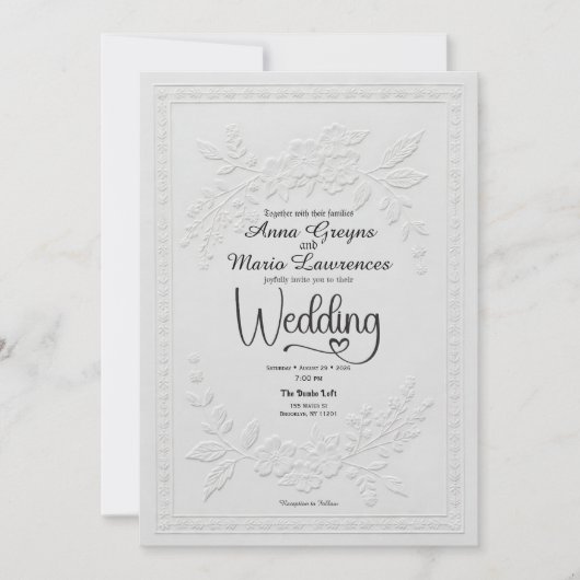White Faux Embossed Floral Relief Formal Wedding  招待状 (正面)