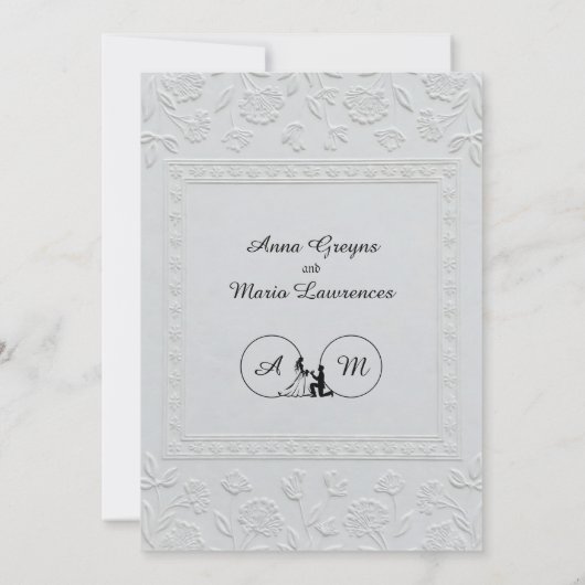 White Faux Embossed Floral Relief Formal Wedding  招待状 (裏面)