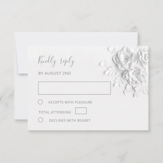 White Faux Paper Cut Roses Wedding 出欠カード (正面)