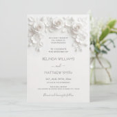 White Faux Relief Roses Frame Wedding Minimalist 招待状 (スタンド正面)
