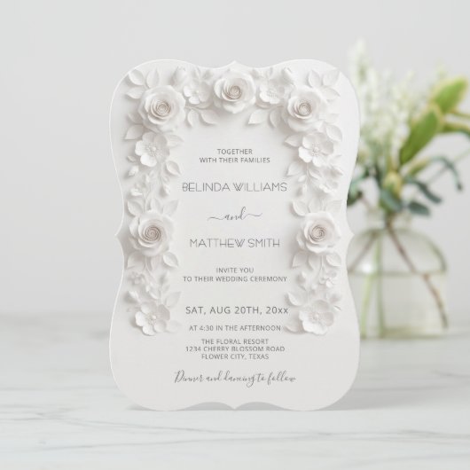 White Faux Relief Roses Frame Wedding Minimalist 招待状 (スタンド正面)