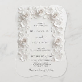 White Faux Relief Roses Frame Wedding Minimalist 招待状