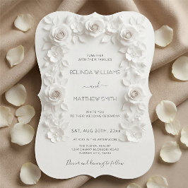 White Faux Relief Roses Frame Wedding Minimalist 招待状
