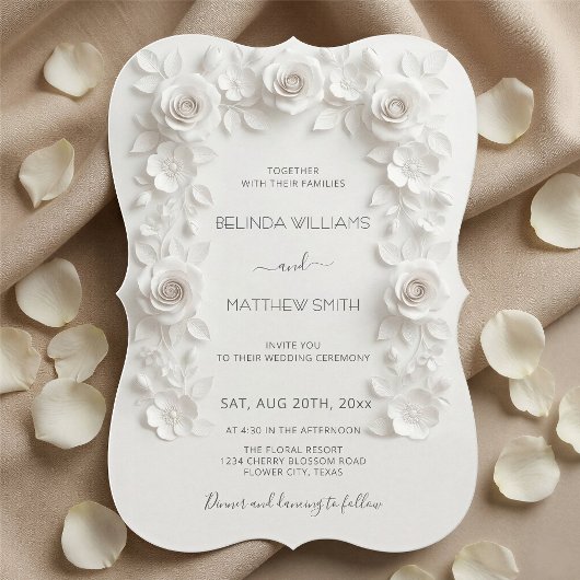 White Faux Relief Roses Frame Wedding Minimalist 招待状
