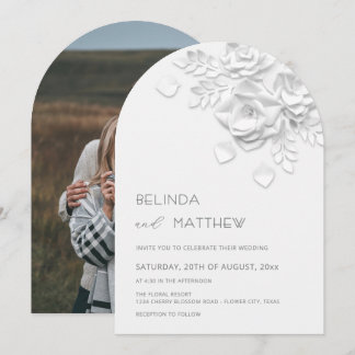 White Faux Relief  Roses Photo  Casual Wedding 招待状