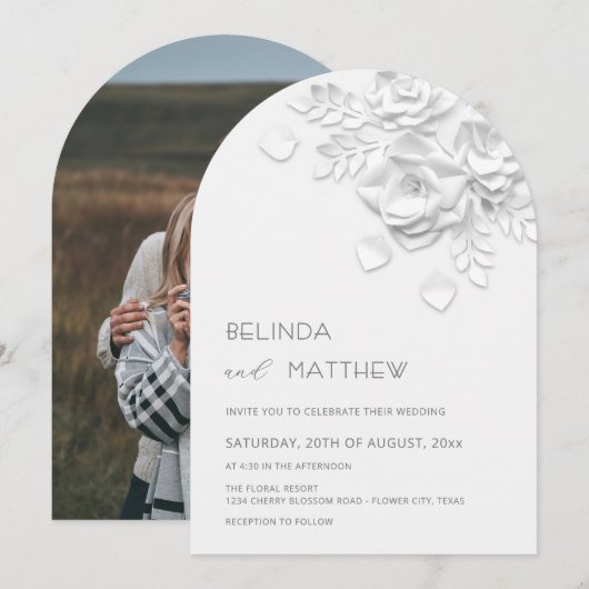 White Faux Relief  Roses Photo  Casual Wedding 招待状 (正面/裏面)