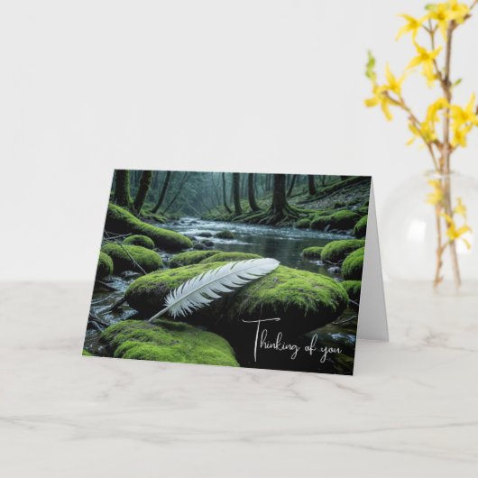 White Feather On a 考え Rock's of You カード (黄色い花)