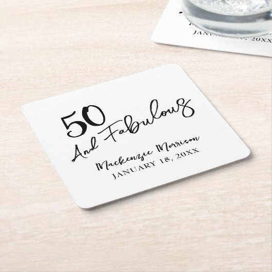 White Fifty and Fabulous Script Birthday Party スクエアペーパーコースター (アングル)