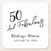 White Fifty and Fabulous Script Birthday Party スクエアペーパーコースター (正面)