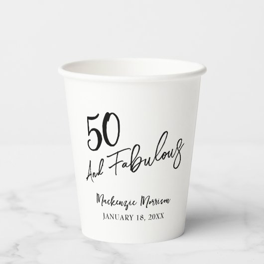 White Fifty and Fabulous Script Birthday Party 紙コップ (裏面)
