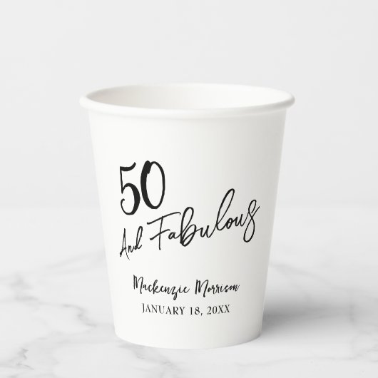 White Fifty and Fabulous Script Birthday Party 紙コップ (正面)