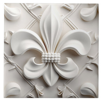 White Fleur De Lis Ceramic Tile タイル